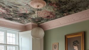 A high-end room with a floral wallpaper ceiling. The wallpaper has a dark background and large flowers in shades of pink, cream, and green. A fluted, ribbed glass pendant light hangs from a round, ornate pink ceiling medallion. The walls are a sage green and have light pink crown moulding with an embossed floral pattern. There is a large gold-framed painting on the wall.